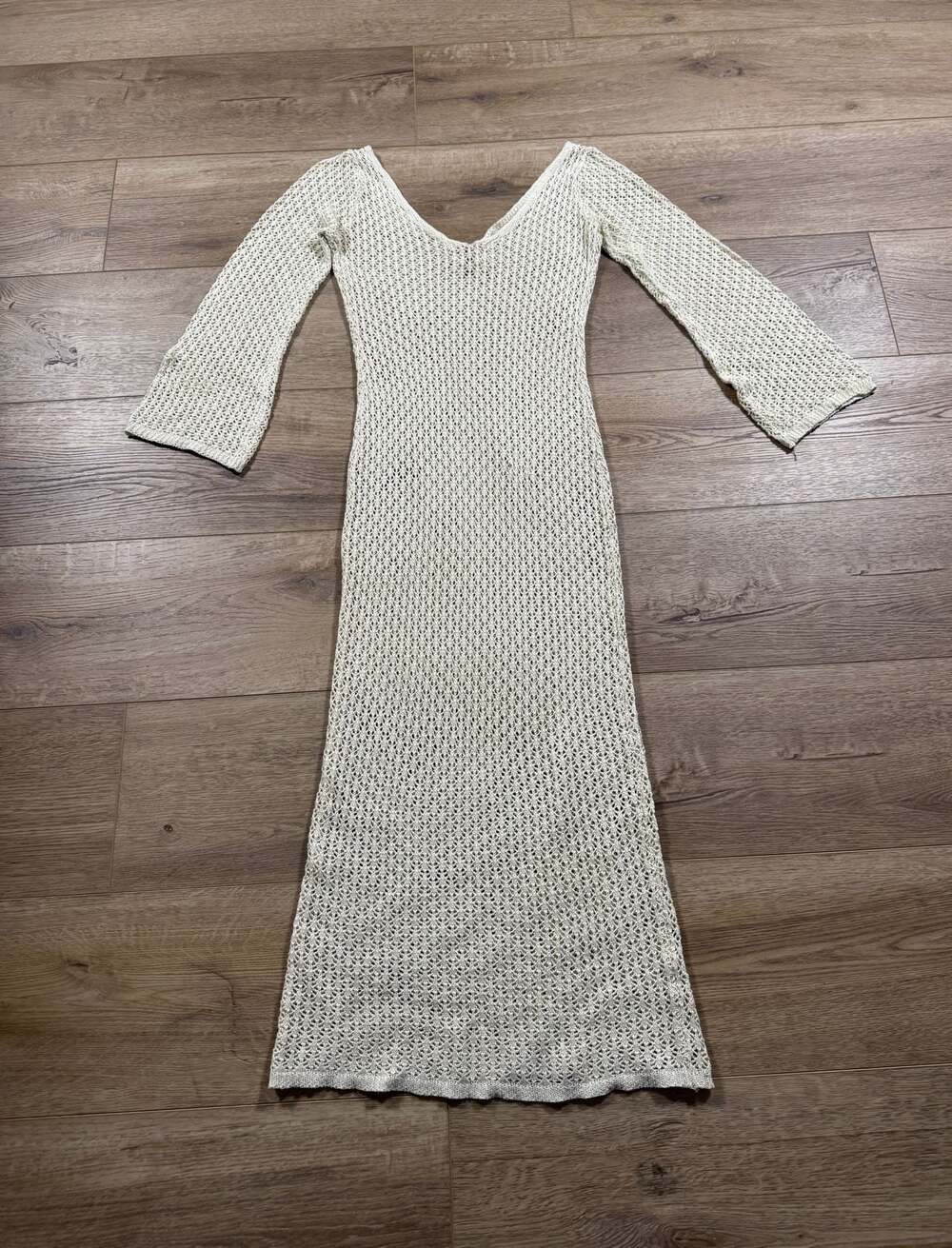 Y2K Crochet Knit Maxi Dress Bell Sleeve Beach Cover Up Boho XS - S Beige - Picture 10 of 10